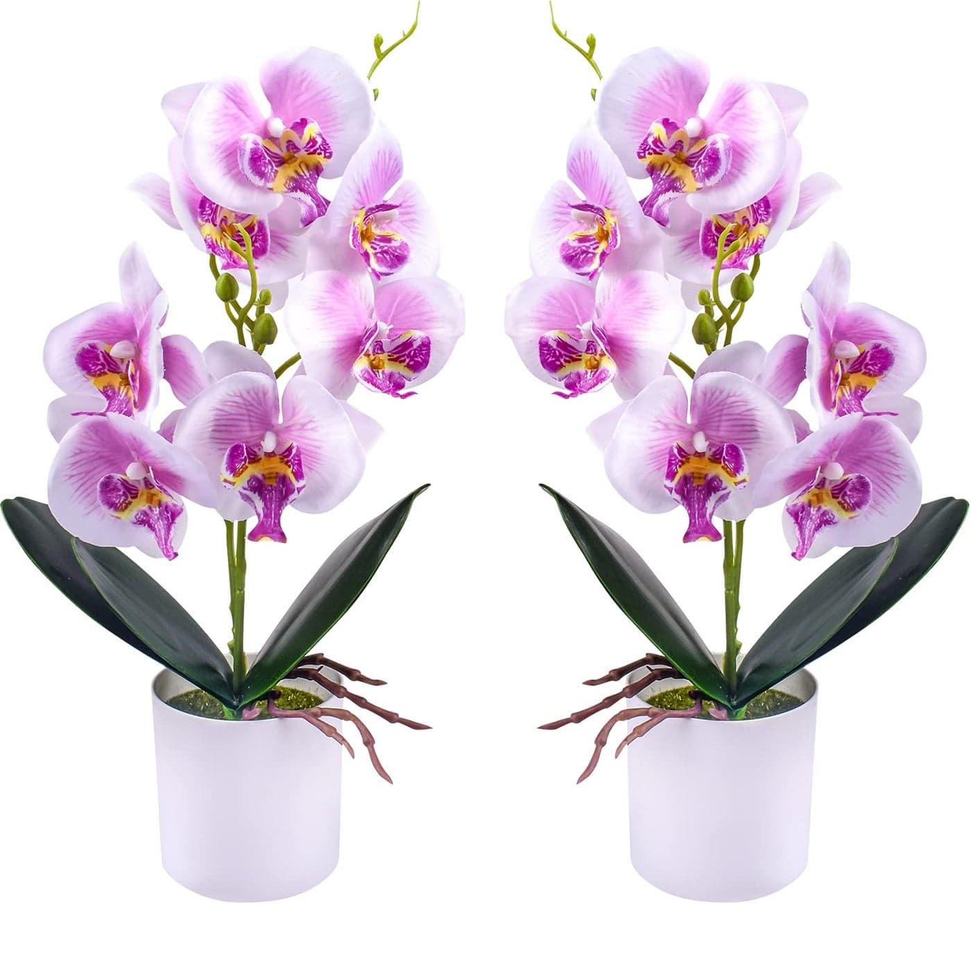 XONOR Artificial Orchid Flowers 2 Pieces Potted Fake Orchids with Plastic Vase for Table Centerpiece Home Decor Office Wedding Party Decoration