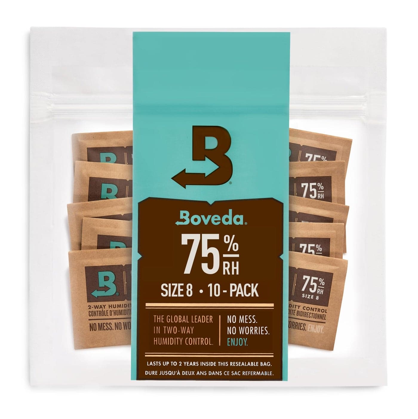 Boveda 75 TwoWay Humidity Control Packs For Storing Up to 5 Items Size 8 10 Pack For Small NonPlastic Travel Cases Moisture Absorbers Humidifier Packs in Resealable Bag
