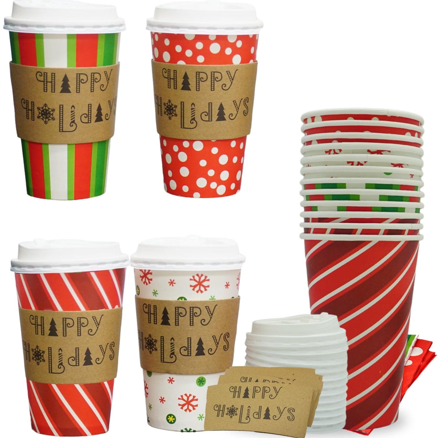 4Es Novelty Christmas Paper Cups Disposable 16 oz with Lids 12 Pack Holiday Coffee Cups Sleeves Napkins for Hot Cocoa Bar Christmas Cups with Lids for Party Supplies Hot Cocoa Cups with Lids