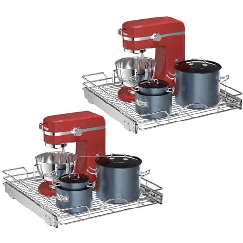 OCG Pull Out Cabinet Organizer 2 Pack (21" W x 21" D), Pull out Shelves 1 Tier, Cabinet Slide Out Shelves for Base Cabinet Organization in Kitchen Bathroom Pantry, Bottom Mount, Chrome Finish