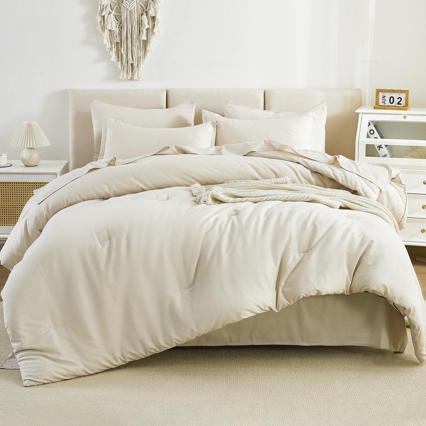 Litanika Beige Bed in a Bag Full 7 Pieces Full Size Comforter Sets Bedding Comforter Sets Solid Fluffy Bed Set with Comforter Sheets Pillowcases Shams