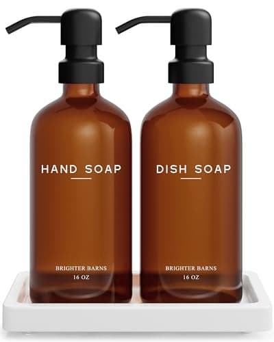 Amber Glass Hand and Dish Soap Dispenser Set by Brighter Barns - Kitchen Soap Dispenser Set with Tray for Kitchen, Airbnb, Vacation Rental or Restaurant - Modern Kitchen Decor & Accessories (Amber)