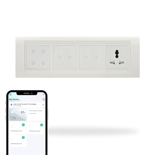 Aziot 8 Module Switch Board Plate, Smart 4 Touch, Two 2 Touch SW & 1 Socket, WiFi & Bluetooth, Google, Alexa & Siri Control (White)