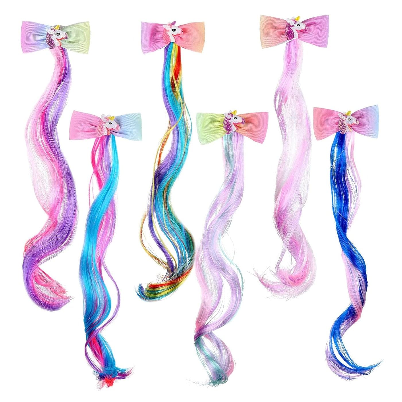 Waydress 6 Color Unicorn Hair Extension Clips Rainbow Bow Hair Clip Cute Ponytail Princess Headdress Horsetail Valentines Day Gift Dress up Party Birthday Accessories 15 Inch