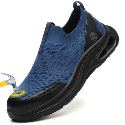 Steel Toe Shoes Men Lightweight Comfortable Work Shoes Slip On Safety Shoe Walking Sneakers Puncture Proof Loafers,Blue,Size 10.5