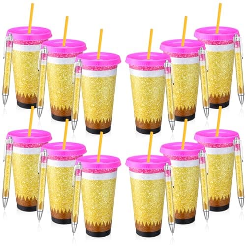 Skylety 24 Pcs Teacher Appreciation Gift Bulk Back to School Teacher Gifts Include 24oz Reusable Plastic Pencil Cup with Lid Straw for End of The Year Thank You Gift with 12 Glitter PenClassic