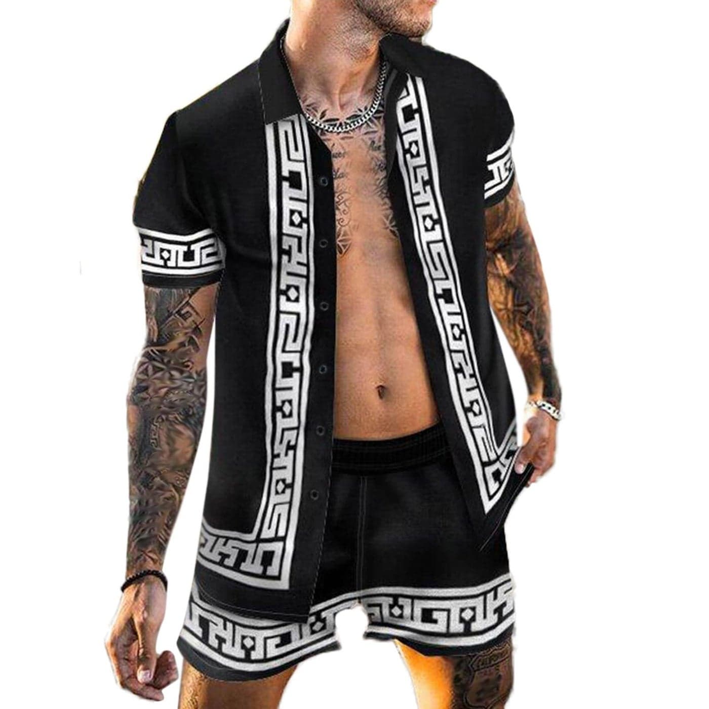 Nuofengkudu Men's Hawaiian Sets Short Sleeve Luxury Print Casual Button Down Dress Shirt Top and Shorts Black M
