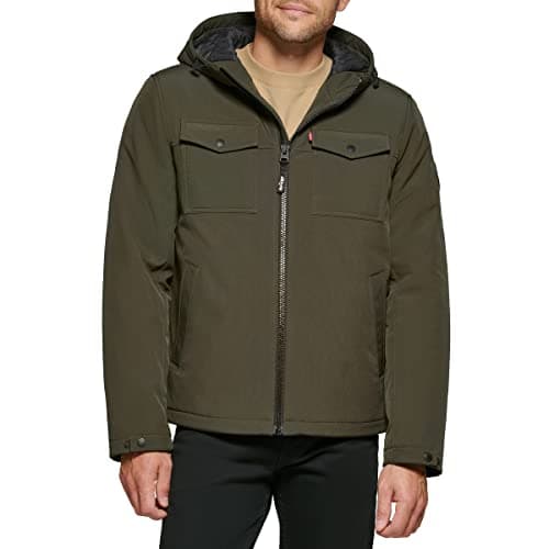 Levi's Men's Soft Shell Two Pocket Sherpa Lined Hooded Trucker Jacket, Olive W. Quilted Lining, Large