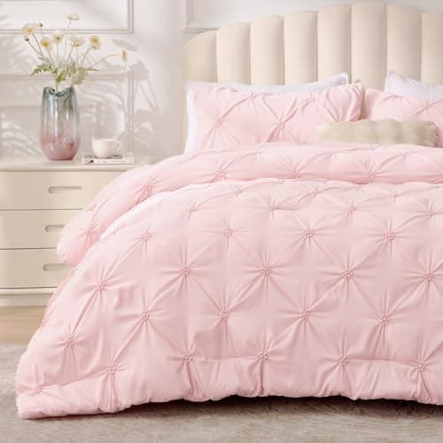 BEDELITE Baby Pink King Size Comforter Set 3 Pieces Boho Pintuck Bedding Comforter Sets Lightweight Soft Warm King Bedding Set with 2 Pillowcases for All Season