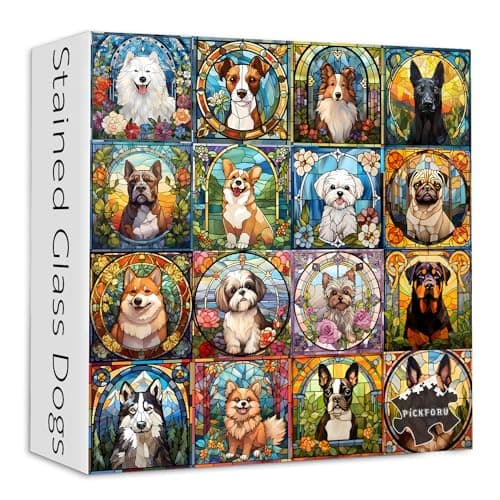Stained Glass Puzzle Dog Puzzles for Adults 1000 Pieces Colorful Animal Puppy Collage Puzzles 1000 Pieces Corgi Bulldog Hard Difficult Impossible Challenging Jigsaw Puzzles