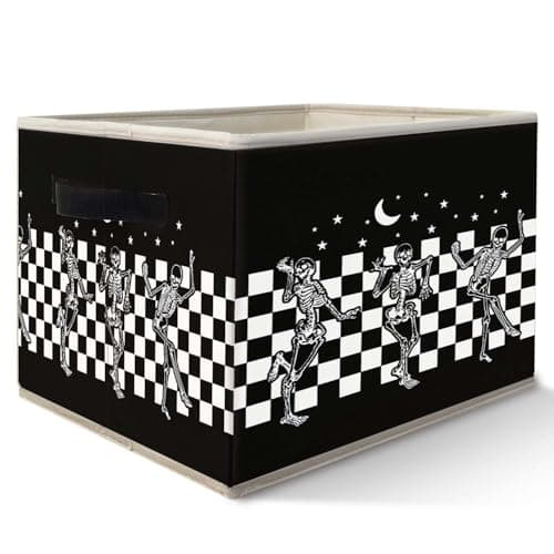 Likjad Halloween Gothic Skeleton Storage Bins Basket Black and White Checkered Funny Gothic Collapsible Fabric Storage Box Organizer Toybox for Bedroom Bathroom Clothes Books Toys