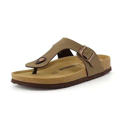 CUSHIONAIRE Leah Thong Womens Sandals - Cork Footbed Flip Flops for Women 2025 with Memory Foam and Adjustable Buckle Strap, BROWN 8