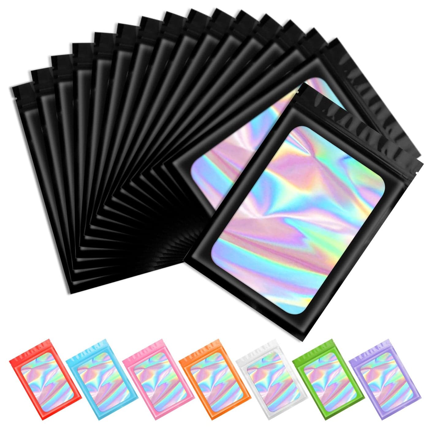 Funfery 100 pcs Black Smell Proof Mylar Holographic Packaging BagsClear Resealable Odor Proof Bag Foil Pouch Zipper Bag for Food StorageGlossJewelryEyelash Packing for Small Business4x6In