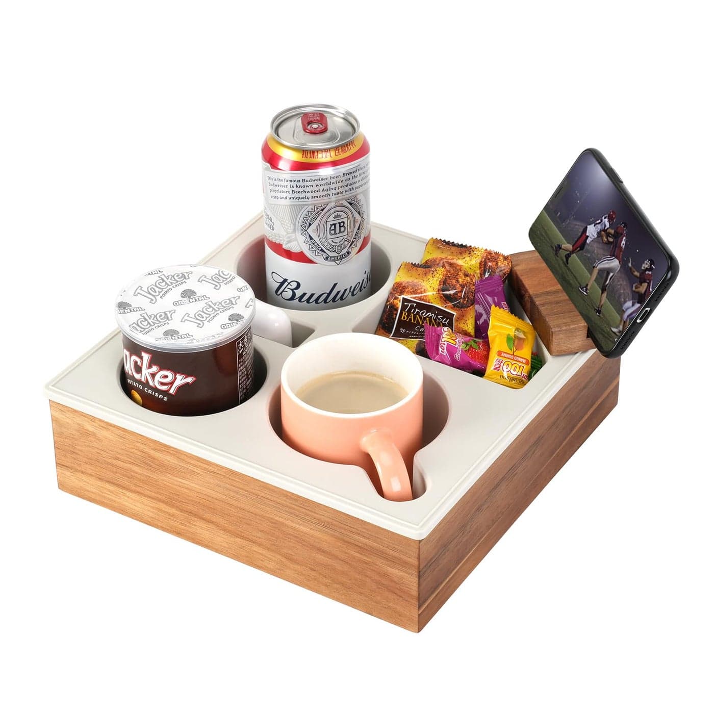 Hitseon Couch Cup Holder Tray Handy Soft Silicone Acacia Wooden Couch Caddy for Bed Car Seat Beach Organizer Waterproof AntiSpill Sofa Cup Holder for Snacks Beverage Remote White