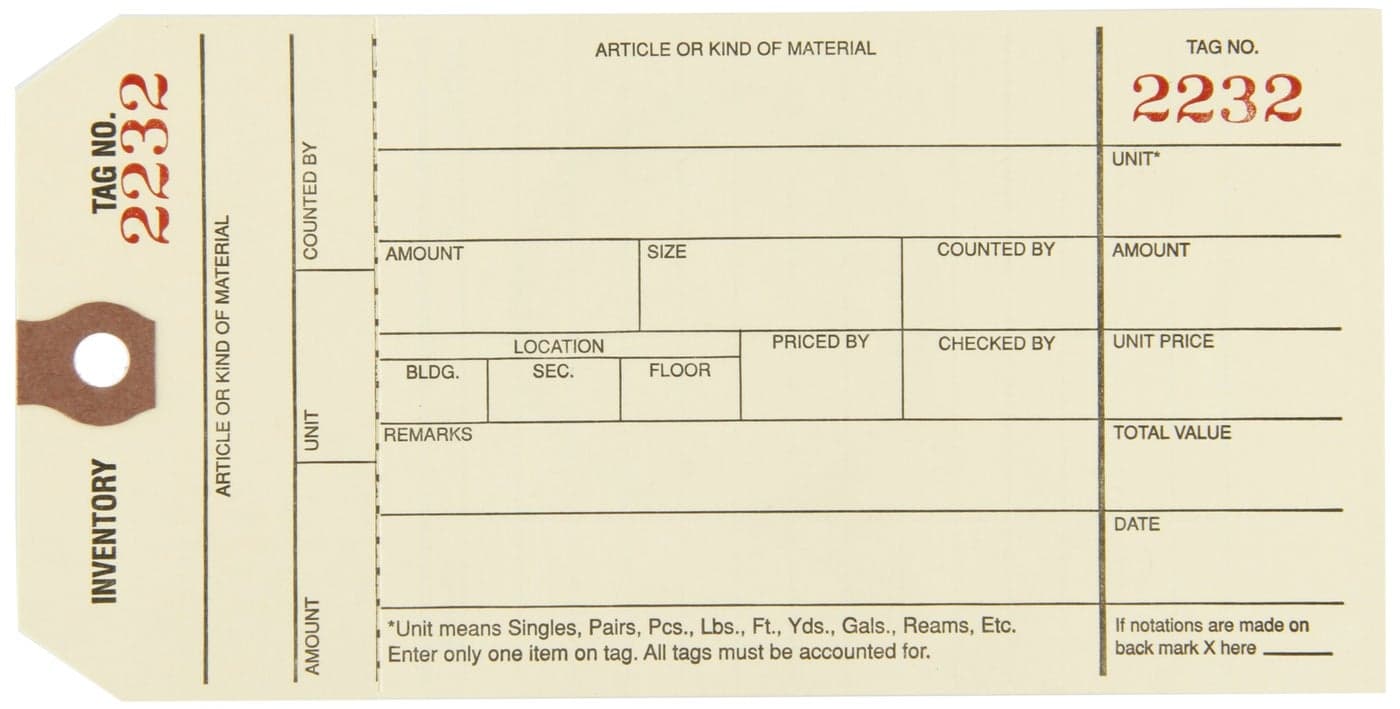 Aviditi Inventory Tags with Numbered Tear-Off Stub, 8 6 1/4" x 3 1/8", Series (2000-2999), Manila, for Inventory Management, Case of 1000, (G18031)