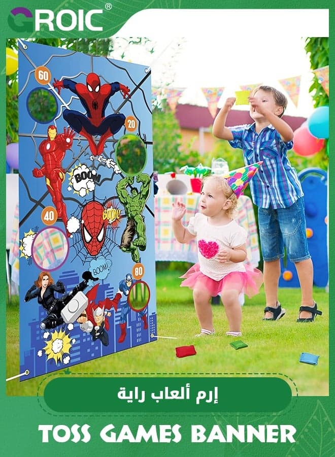 Superhero Toss Games Banner, Birthday Party Supplies, Indoor Outdoor Throwing Game Party Favors with 3 Bean Bags for kids Hero Party Decoration Carnival Games