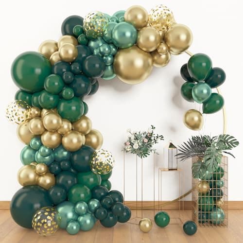 Amandir 153pcs Green and Gold Balloon Garland Arch Kit, Different Sizes 18 12 10 5 inch Green Latex Metallic Confetti Balloons for Graduation Birthday Anniversary Safari Party Decoration Supplies