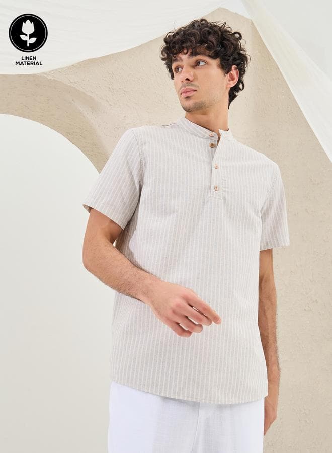 Styli Striped Relaxed Fit Mandarin Collar Shirt
