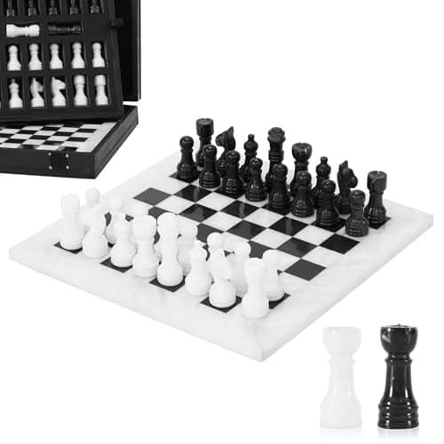 Marble Chess Set for Adults 10 Handmade White Black Board Game with 32 Chess Pieces 2 Extra Queens Storage Box Luxury Travel Game Elegant for Home Decor