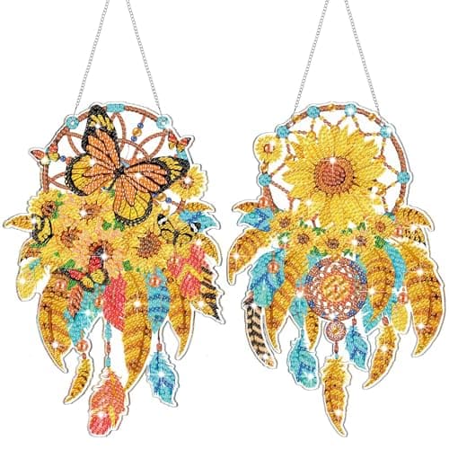 Saillong 2 Pcs Sunflower Dream Catcher Diamond Painting Kits for Adults Summer Sunflower Diamond Art Suncatcher DIY Butterfly Dream Catcher Hanging Decor for Home Wall Window Door Decor