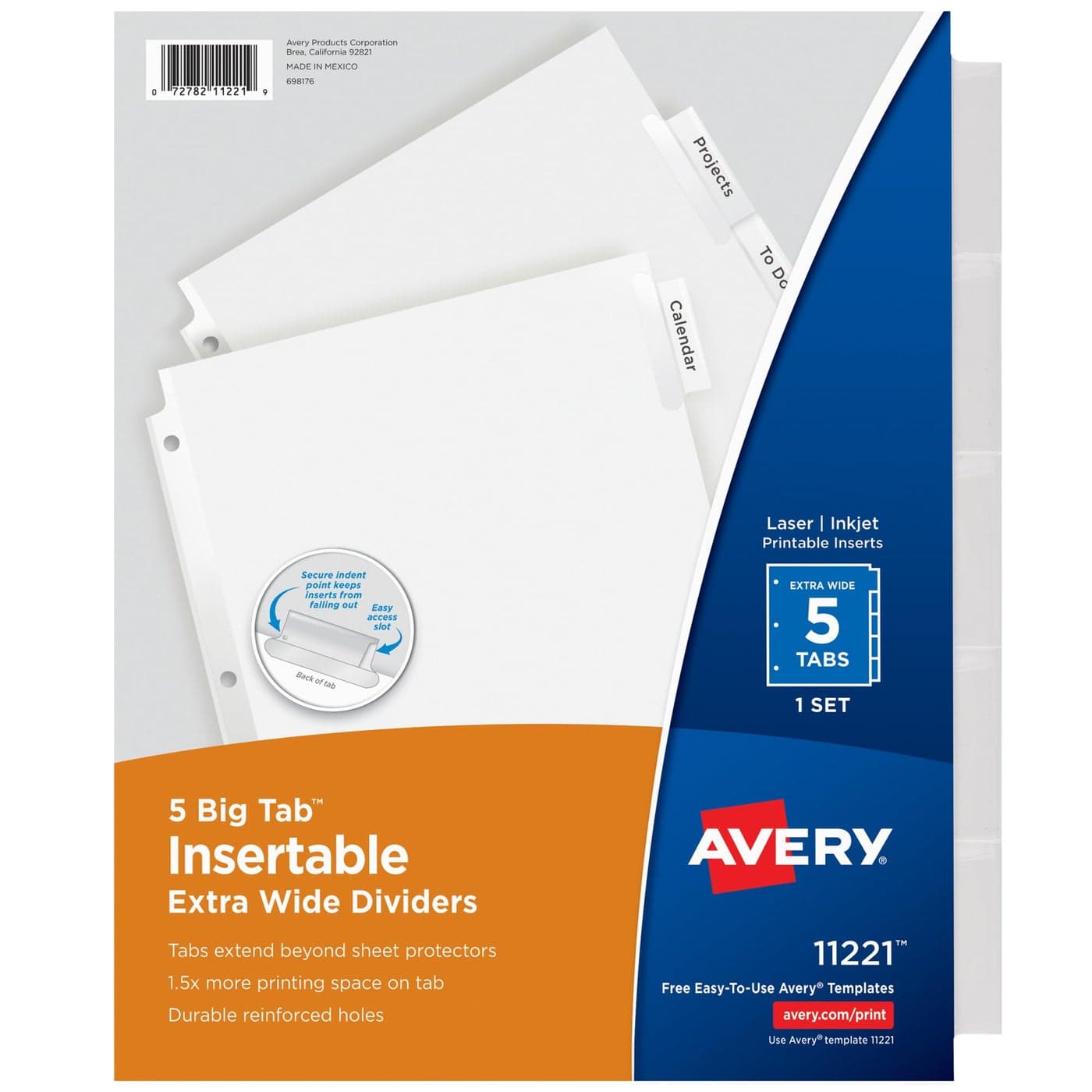 Avery Extra-Wide Big Tab Insertable Dividers for 3 Ring Binders, 5 Tab Set, White Paper, Clear Tabs, Works with Sheet Protectors, 1 Set (11221)