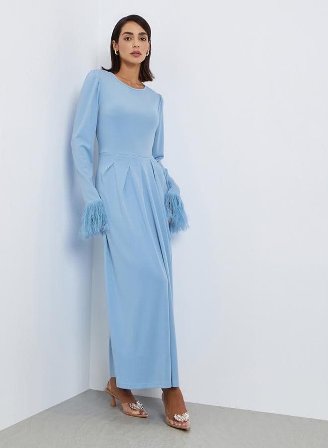 Solid With feather cuffs Party Midi Dress