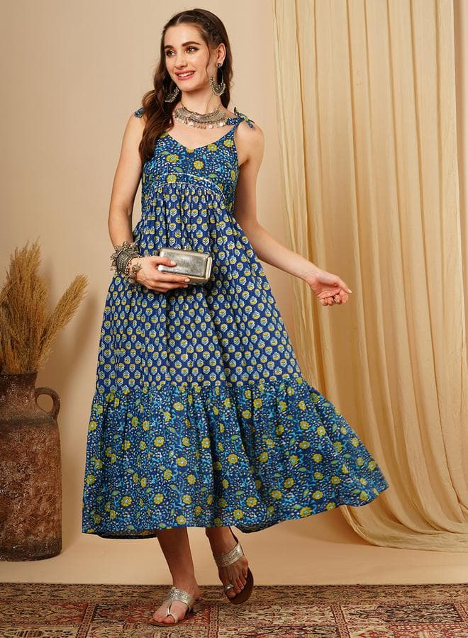 Women Blue Floral Print Tie Sleeves A-Line Midi Dress
