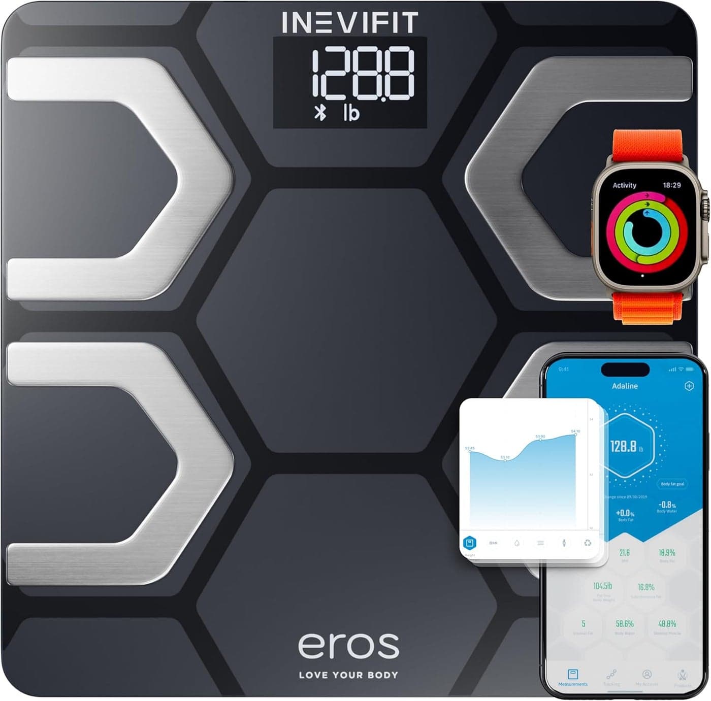 INEVIFIT EROS Bluetooth Body Fat Scale Smart BMI Highly Accurate Digital Bathroom Body Composition Analyzer with Wireless Smartphone APP 400 lbs 118 x 118 inch Black