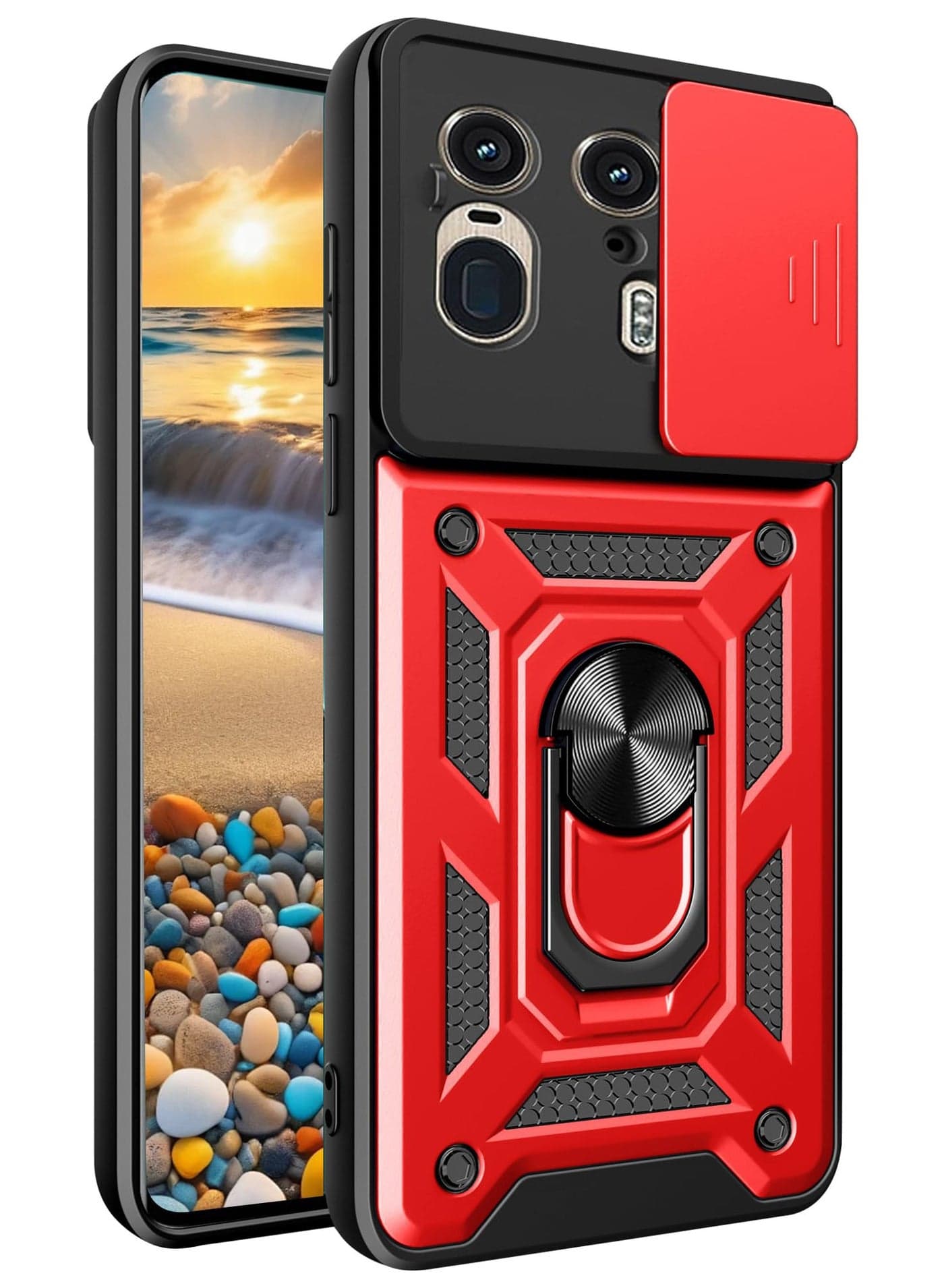 for Motorola Edge 50 Ultra 5G Case, Slide Camera Lens Cover, Magnetic Ring Holder Kickstand Protective Phone Case for Motorola Edge 50 Ultra 5G, Red