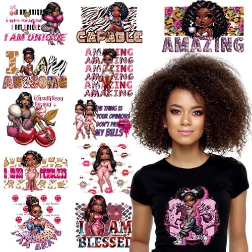 Wxiben Black Women Iron on Transfers 12 Sheets Black Girl Dtf Transfers Ready to Press DTF Heat Transfer Vinyl Stickers Inspirational Quotes Iron on Decals for Clothing T Shirts Hoodie DIY Crafts