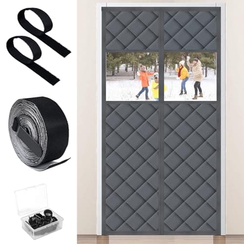 Visible Magnetic Thermal Insulated Door Curtain, Fit 36” x 80” Door Cover Curtain with Window, Magnetic Winter Door Curtain Sound Proof Curtain for Doorway Weatherproof Thermal Door Curtains