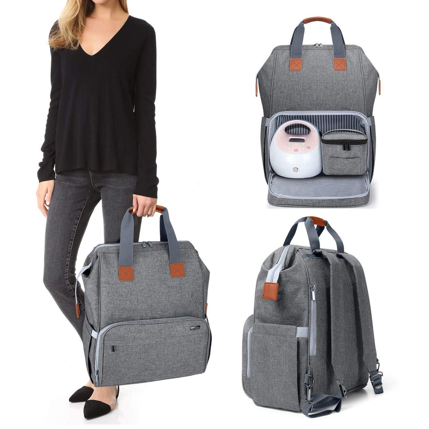 LUXJA Breast Pump Bag with Compartments for Cooler Bag and Laptop Breast Pump Backpack with 2 Options for Wearing Fits Most Major Breast Pump Suitable for Working Mothers Gray