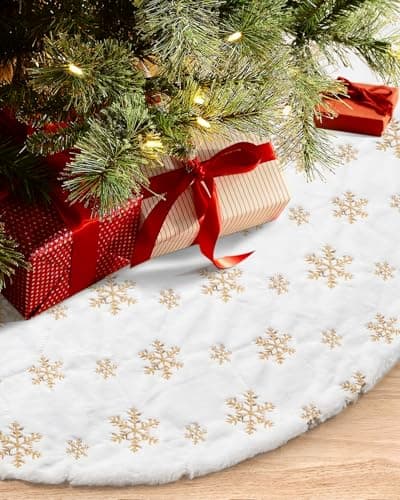COOLWUFAN 48 Inches Faux Fur Christmas Tree Skirt for Xmas Tree Holiday Party Decoration White Plush Gold Sequin Snowflake Gold