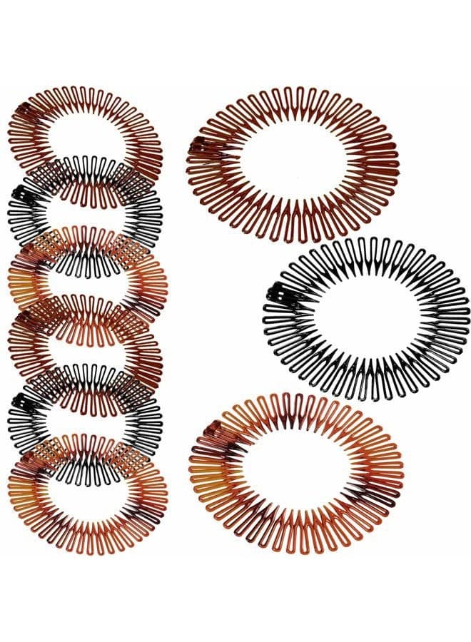 9 Pieces Full Circular Stretch Comb Flexible Plastic Circle Comb Stretch Hair Headband Hairband Holder for Women Girls, 3 Colors(Black, Coffee, Tortoise Shell)