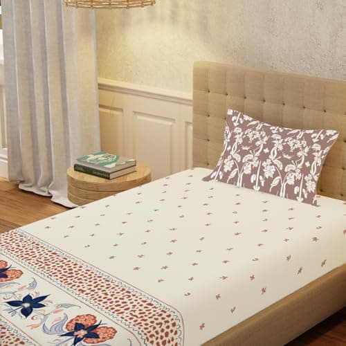 Urban Space Serene 200 TC 100% Cotton Bedsheet for Single Bed with 1 Pillow Cover, Single bedsheet (Ivy Bloom Terra, Size 58 x 90 inches)