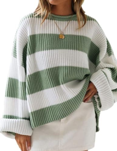 ZESICA Women's 2025 Fall Long Sleeve Oversized Striped Color Block Comfy Loose Crew Neck Knitted Pullover Sweater Green X-Large