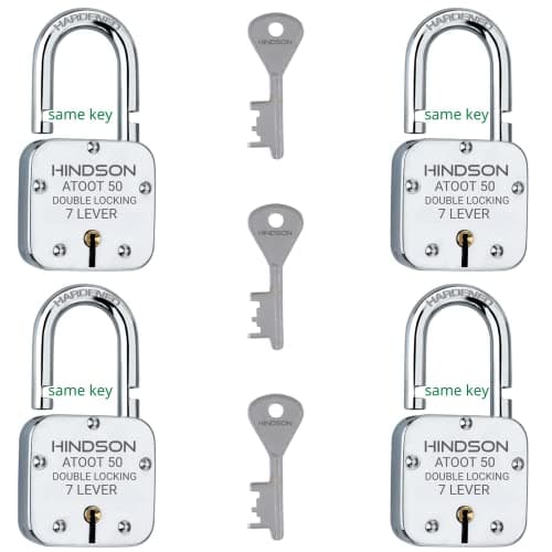 HINDSON Atoot 50mm Same Key Set of 4 | Door Lock for Home & Shop | Common Key Padlock Set | Silver Finish | Small Locks(50mm Atoot Same 4 Small Lock)