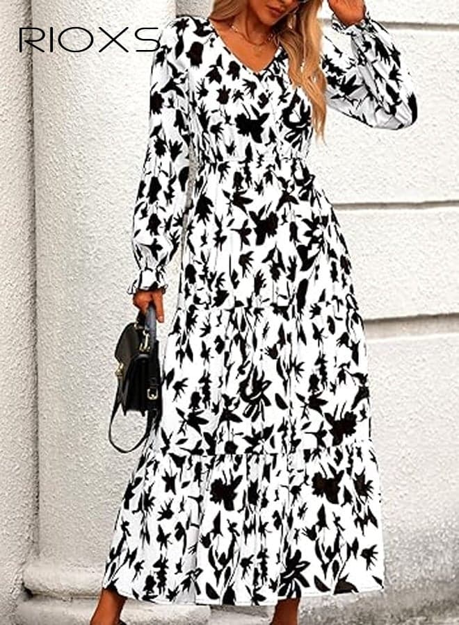Women V Neck Long Sleeve Floral Maxi Dresses, Fall High Waist Floral Boho Long Dress for Ladies, Casual Flowy A-Line Wedding Guest Dress for Work, Shopping, Beach, Trip, Travel and More