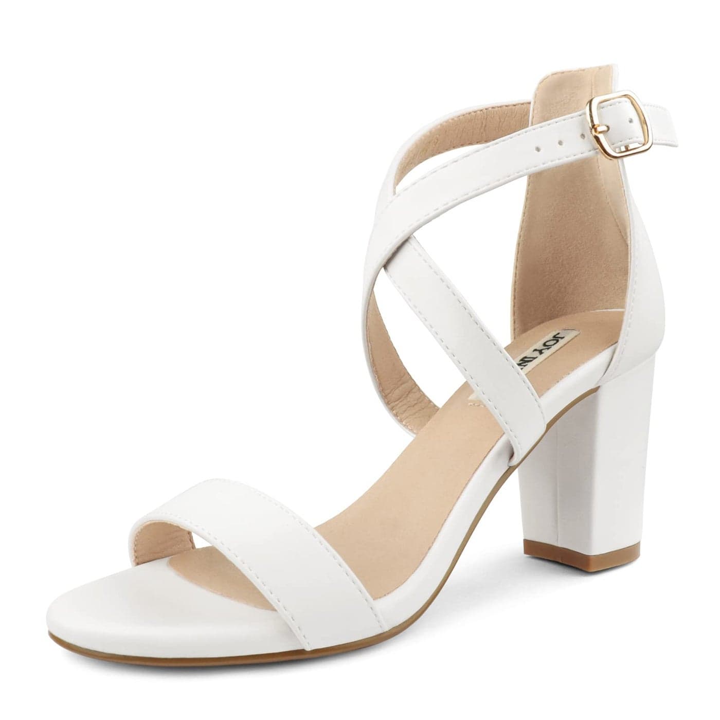JOY IN LOVE Womens Chunky Block Heels 3 Inch Ankle Strap Low Heel Sandals White Matte 8US