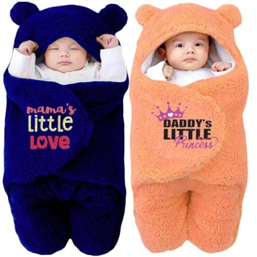 Swissberry Baby Blanket New Born Combo Pack of Hooded Wearable Swaddle Wrappers Security Blankets Pack of 2 Pc.(Navyblue & Peach, 0-6 Months)