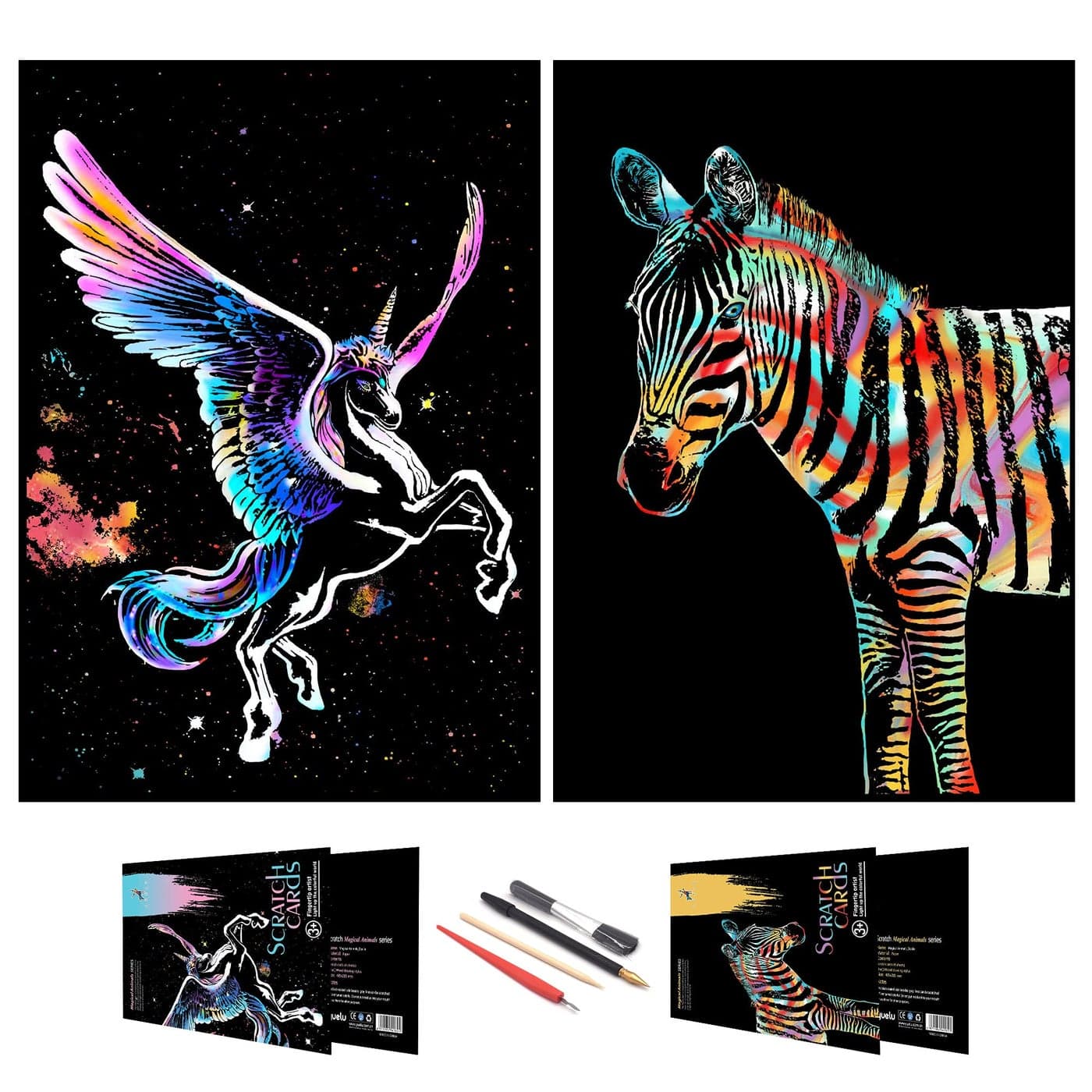BOTEEN Scratch Rainbow Painting Art PaperScratch Sketch Art for Kids AdultsAnimal Series Creative DIY GiftsArts Craft Kits with 4 Tools16x11ZebraUnicorn