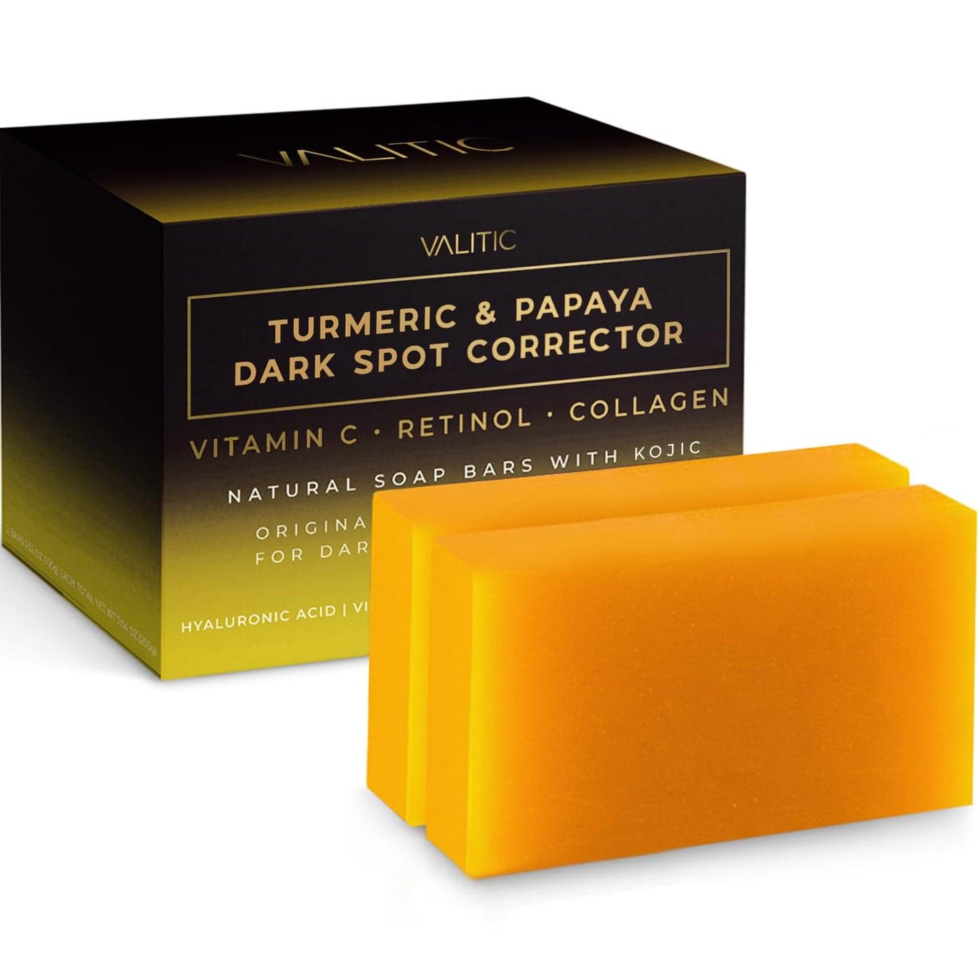 VALITIC Papaya and Turmeric Kojic Acid Soap Bar Dark Spot Corrector Skin Care Cleansing Bar Infused with Vitamin C Hyaluronic Acid Collagen Retinol Olive Oil 2 Pack