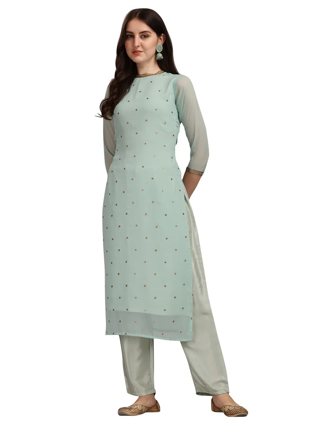 Hritika Blue Georgette Sequinned Embroidered Kurta with Trouser_HRKB0070TBLUE_L