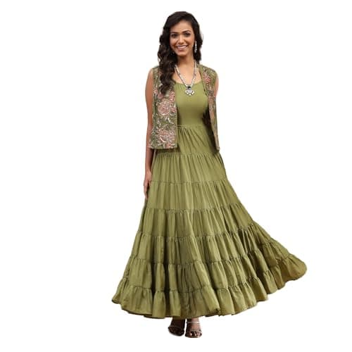 Green Georgette Festive Tiered Anarkali Dress