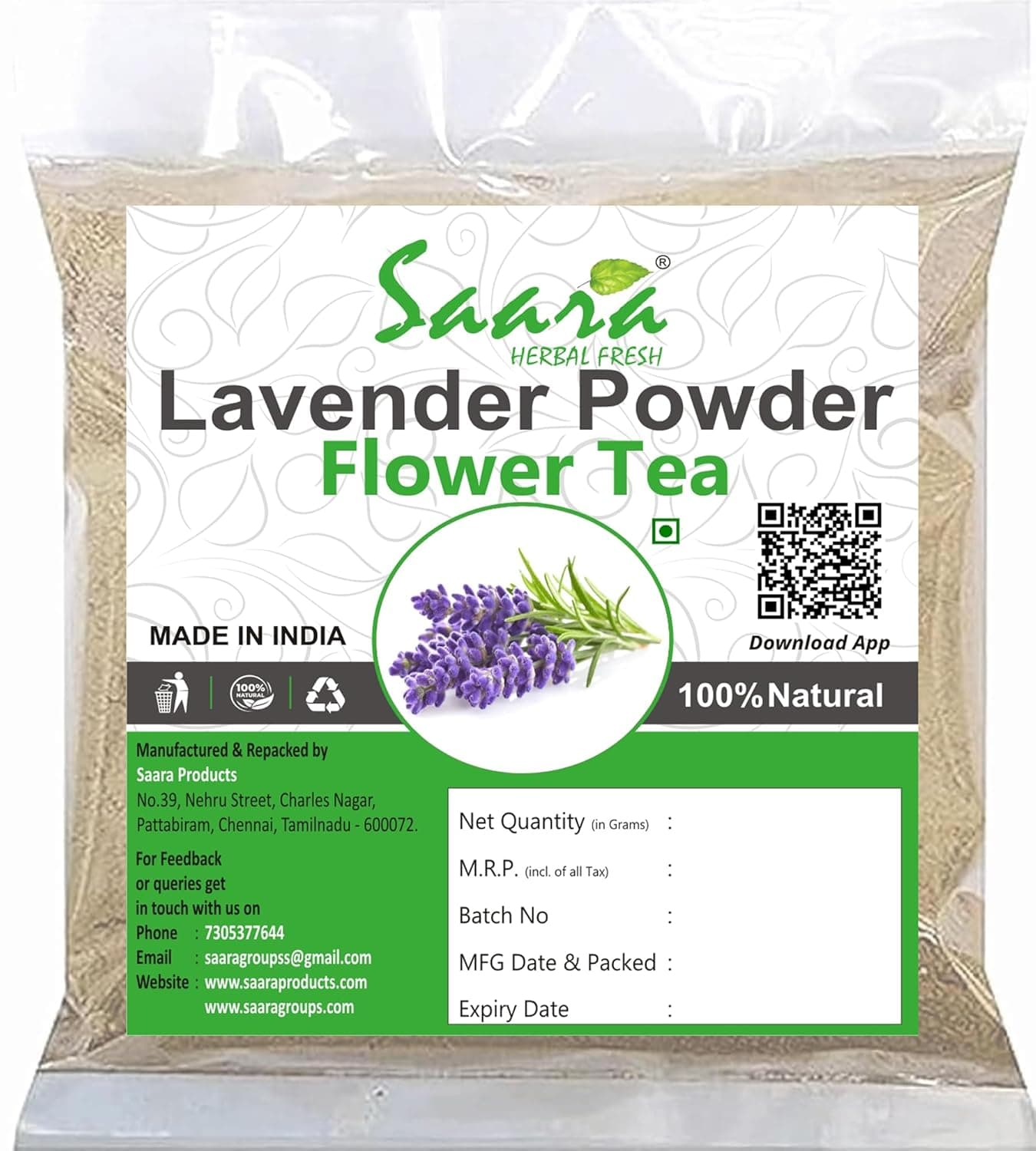 Saara HERBAL FRESH Lavender Flower Powder 150g Sun Dried Flowers Powder Lavandula Augustifolia Stress Relief Good For Skin and Stomach Health 150g