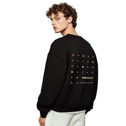 NOBERO Men's Polycotton Crew Neck Oversized Fit Sweatshirt (1M-TWRS-C0757-CO_Black1, X_Large)