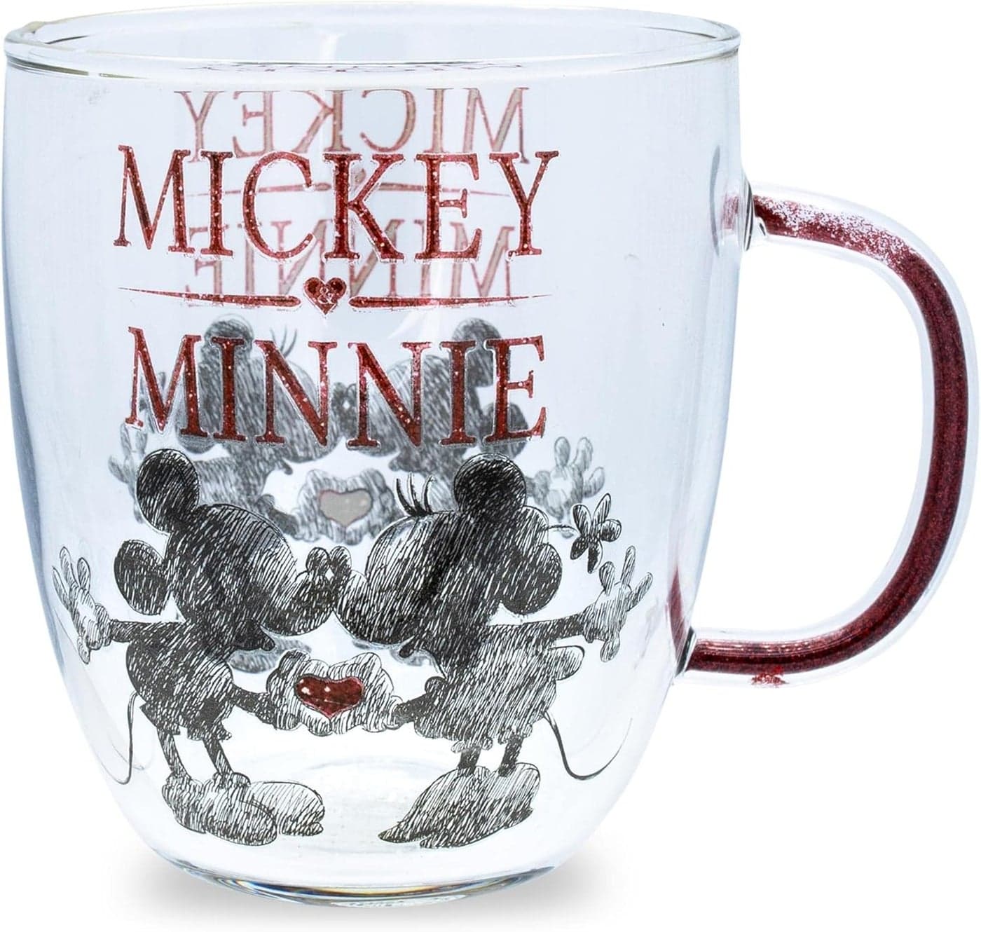 Silver Buffalo Disney Mickey and Minnie Kiss and Heart Hands Glitter Handle Glass Mug 14 Ounces