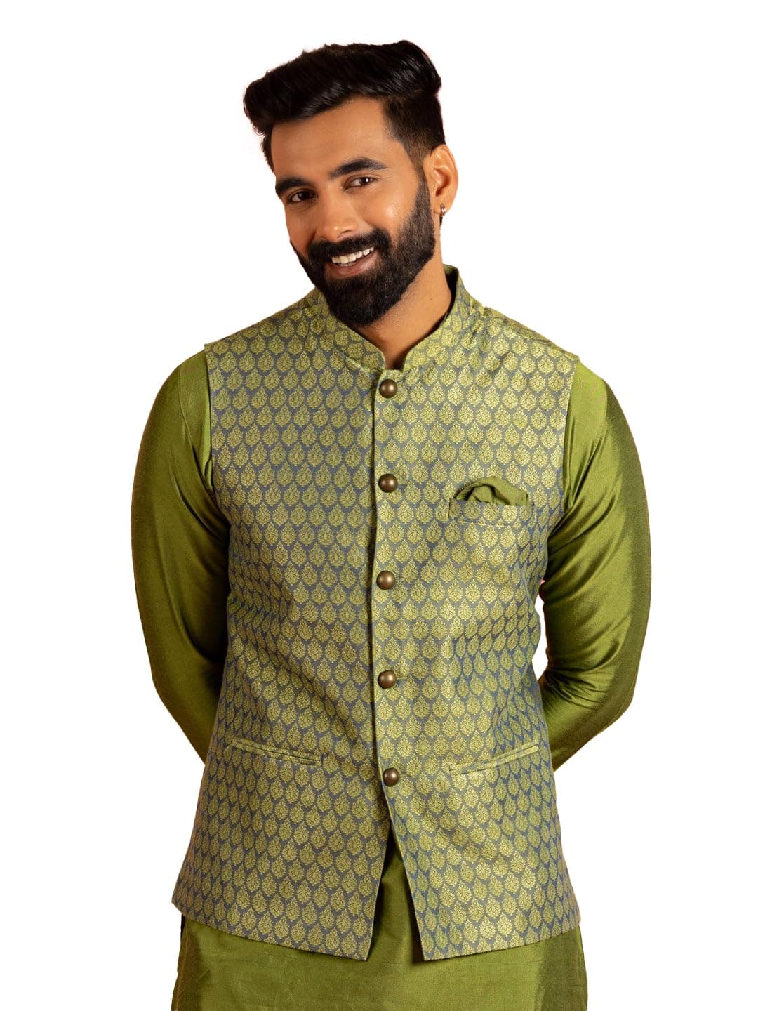 KISAH Nehru Jacket for Men – Textured Silk Blend Jacquard Modi Jacket | Ethnic & Formal Waist Coat for Weddings, Parties & Office Wear, Light Green, 56