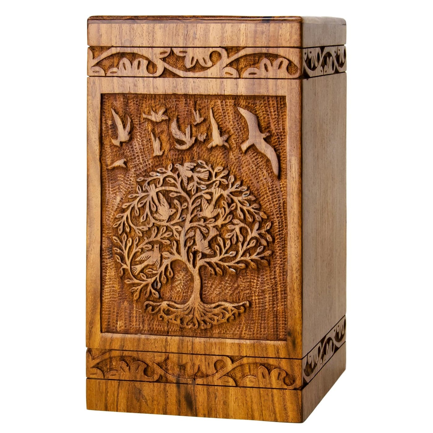 INTAJ Handcarved Wooden Cremation Urn for Human Ashes Tree of Life Design 180 lbs Capacity Suitable for Adult Men and Women Decorative Funeral Urn Box and Casket Wooden Carved Box