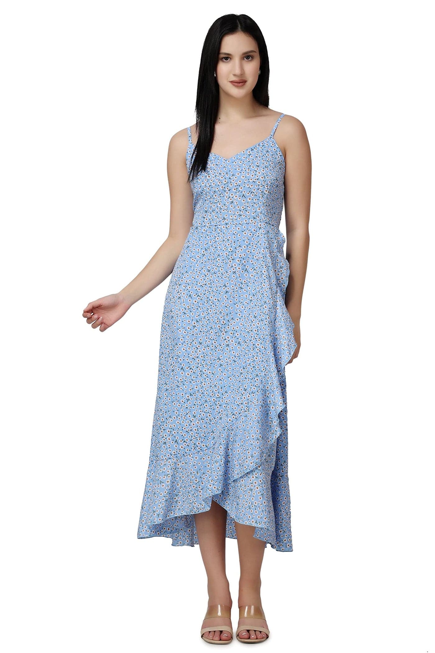 POPWINGS Casual Floral Printed Midi Frill Strap Dress for Women || Sleeveless Midi-Length Women Dress || V-Neck Maxi Dress for Women || Latest Stylish Western Summer Women Dress Sky Blue